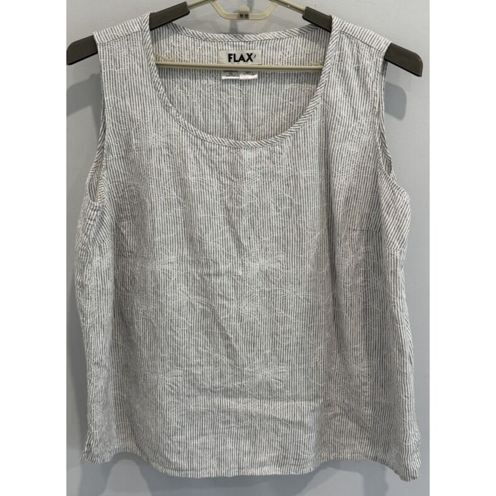 Flax 100% Linen Sleeveless Shirt Gray White Stripe Floral Stitch Detail Size 1G